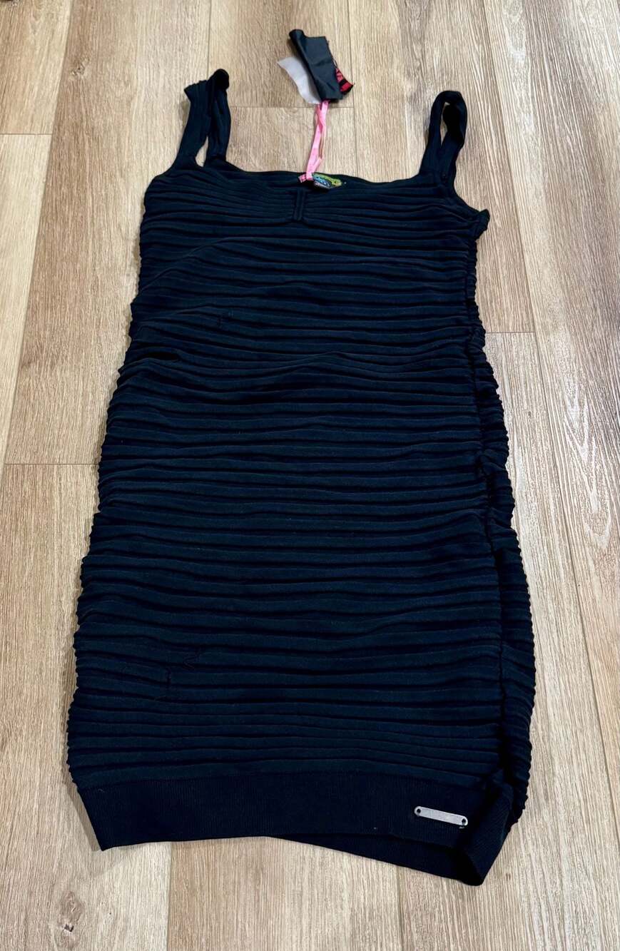 Ozzurs Black Ribbed Ruched Mini Tank Dress; Distressed